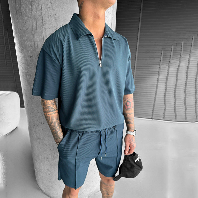 Summer Fashion Mens Clothing - Zipper Polo & Shorts Set