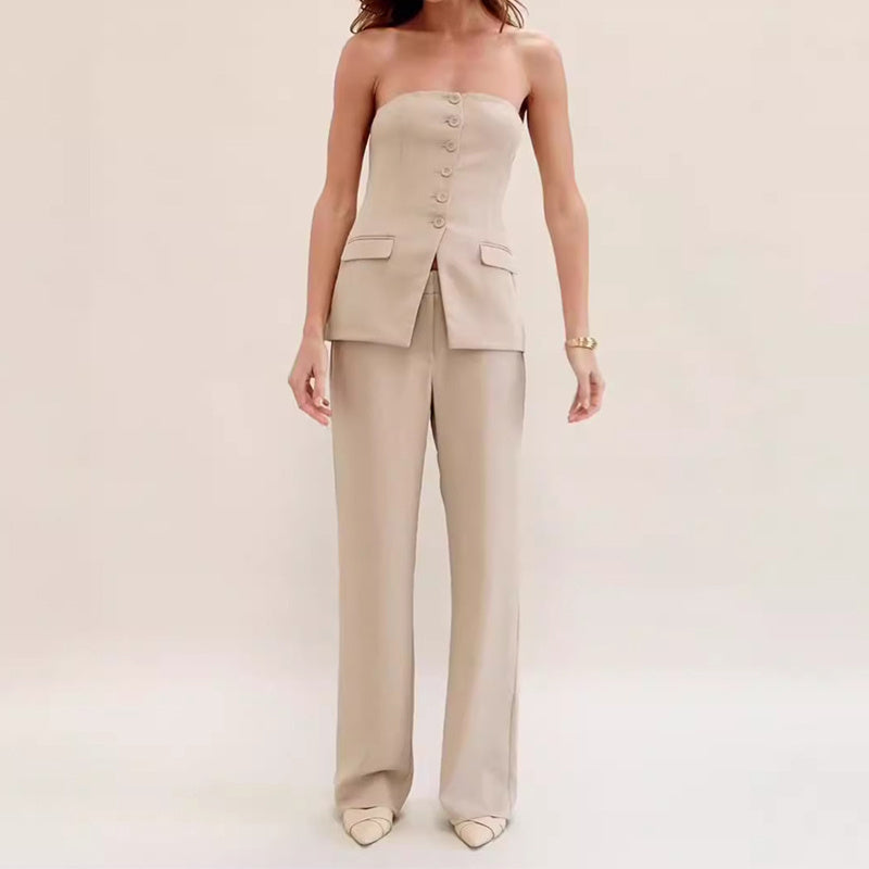 Stylish Tube Top Suit Set for Women - Fashion Button Sleeveless Top and Straight Pants
