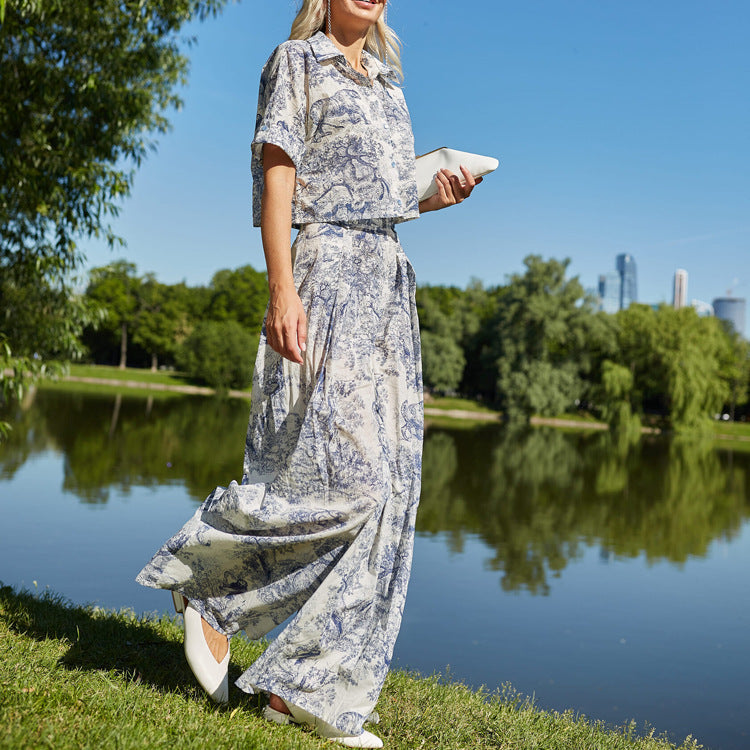 Ink Painting Printing Lapel Short Shirt High Waist Wide Leg Pants Two-piece Set