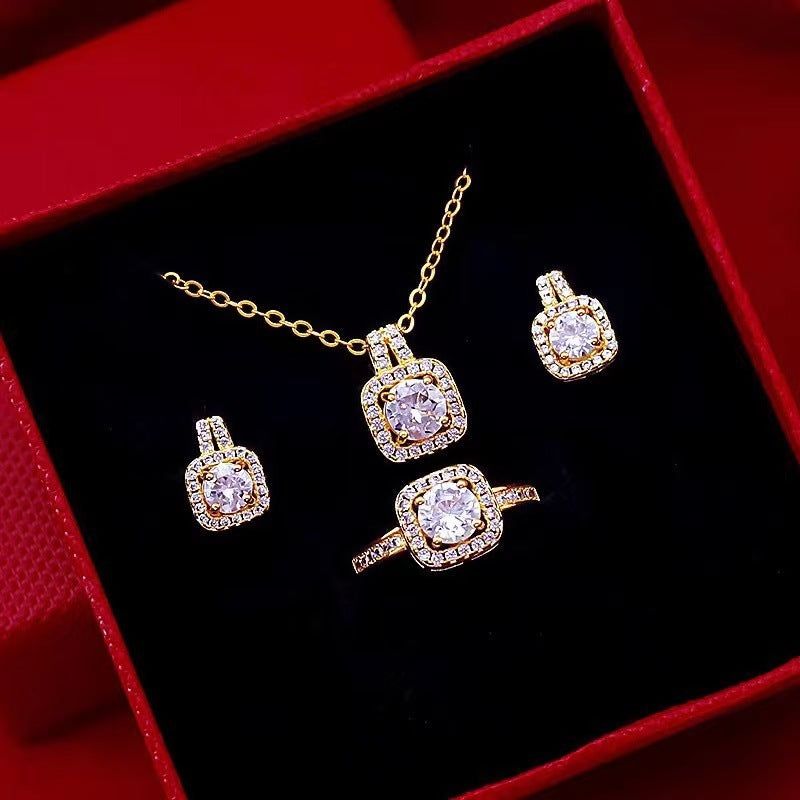Gold Zircon Jewelry Set - Necklace Earrings Ring Wedding Set