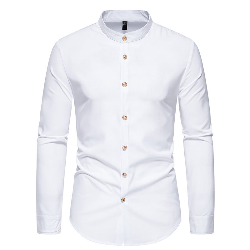 Men's Solid Color Dress Shirt - Metal Button Long Sleeve