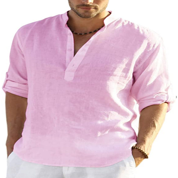 Men's Cotton Linen Long Sleeve Shirt - Stand Collar