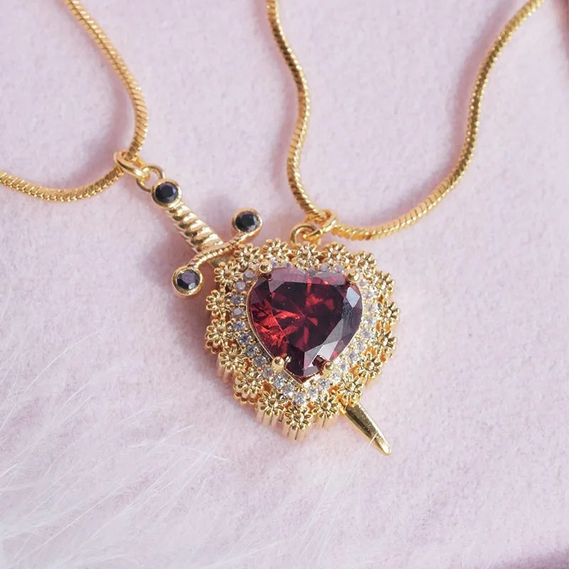 Gothic Heart Dagger Couple Necklace Set - Punk Arrow Through Heart Jewelry