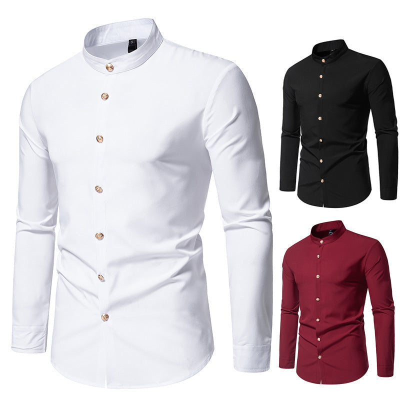 Men's Solid Color Dress Shirt - Metal Button Long Sleeve