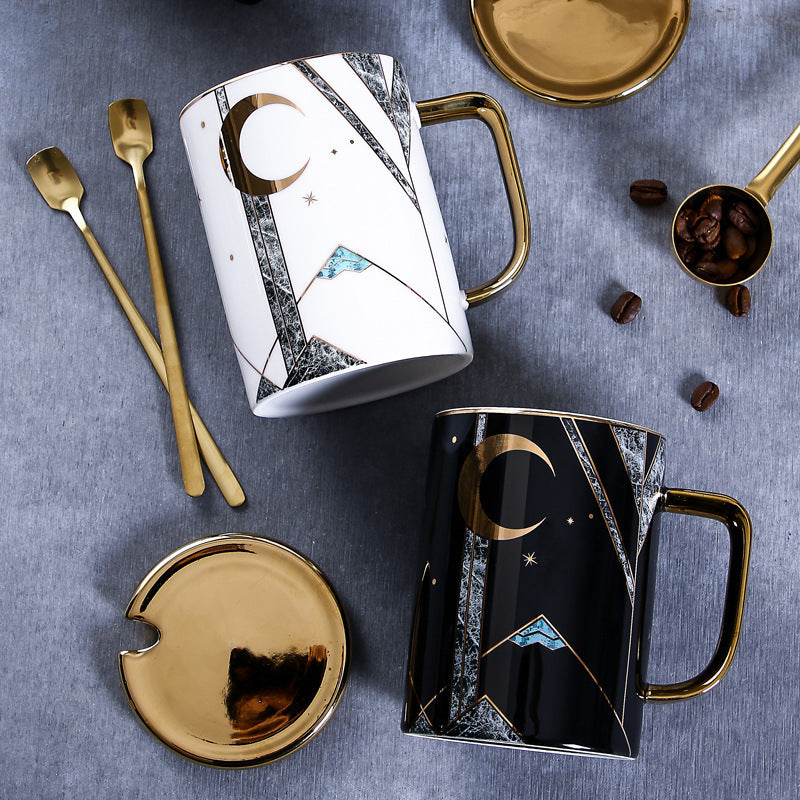 Large Capacity Ceramic Coffee Cup with Lid & Spoon Set