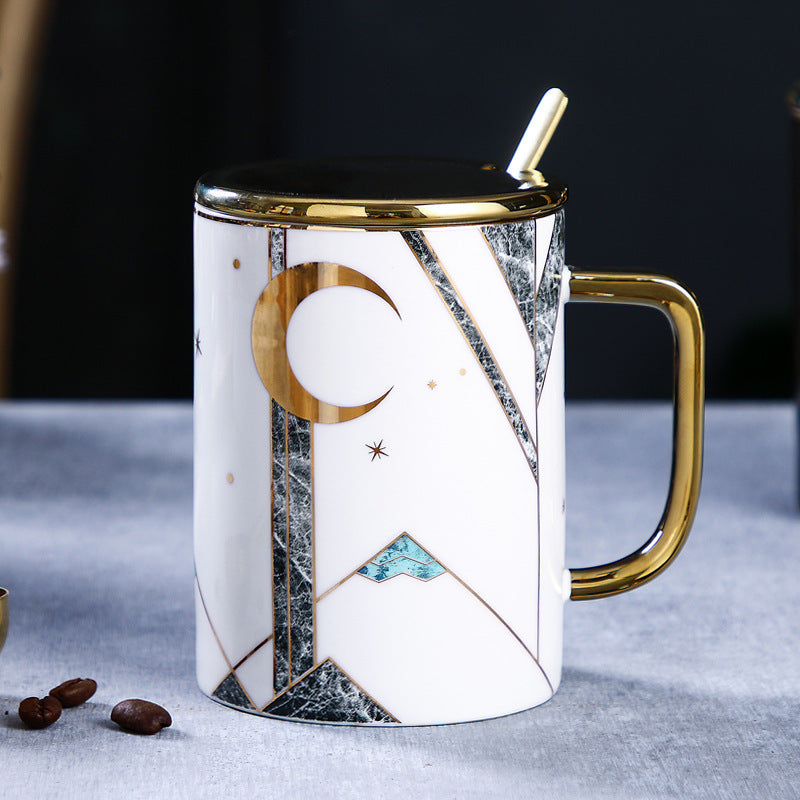 Large Capacity Ceramic Coffee Cup with Lid & Spoon Set