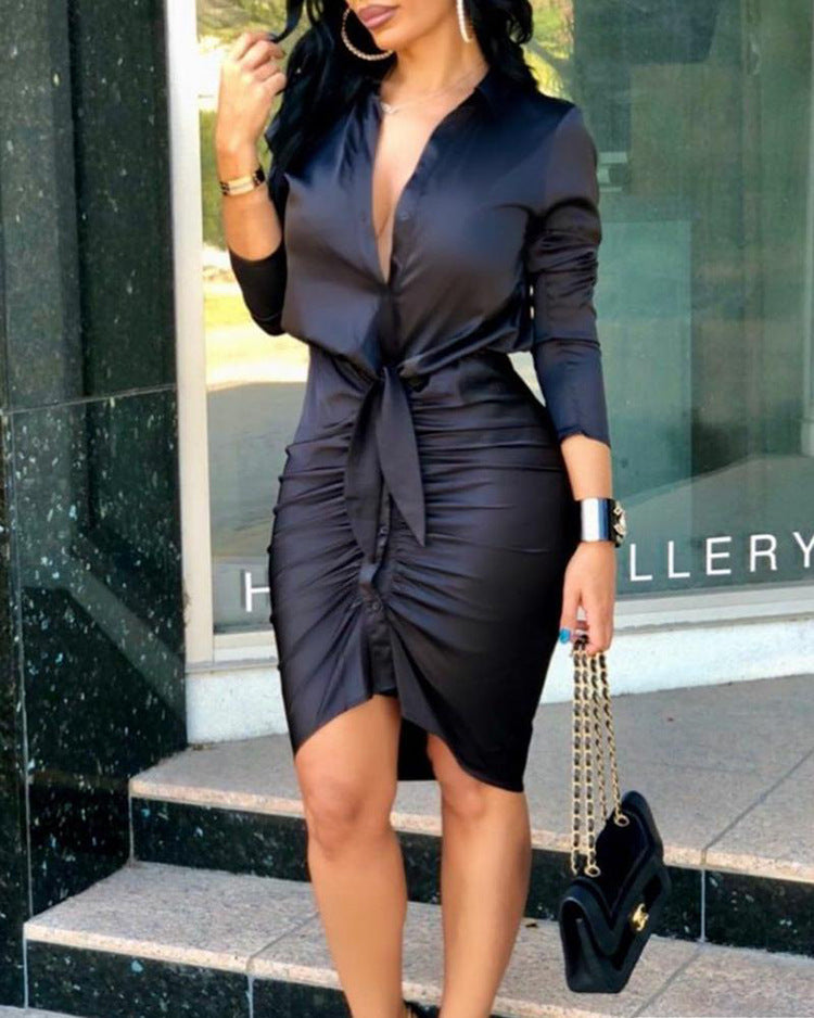 Women's Lace-up Solid Color Long Sleeve Midi Dress - Elegant Fashion Party Dress