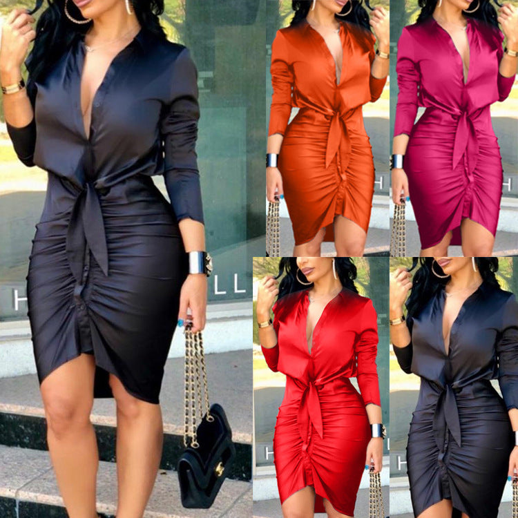 Women's Lace-up Solid Color Long Sleeve Midi Dress - Elegant Fashion Party Dress
