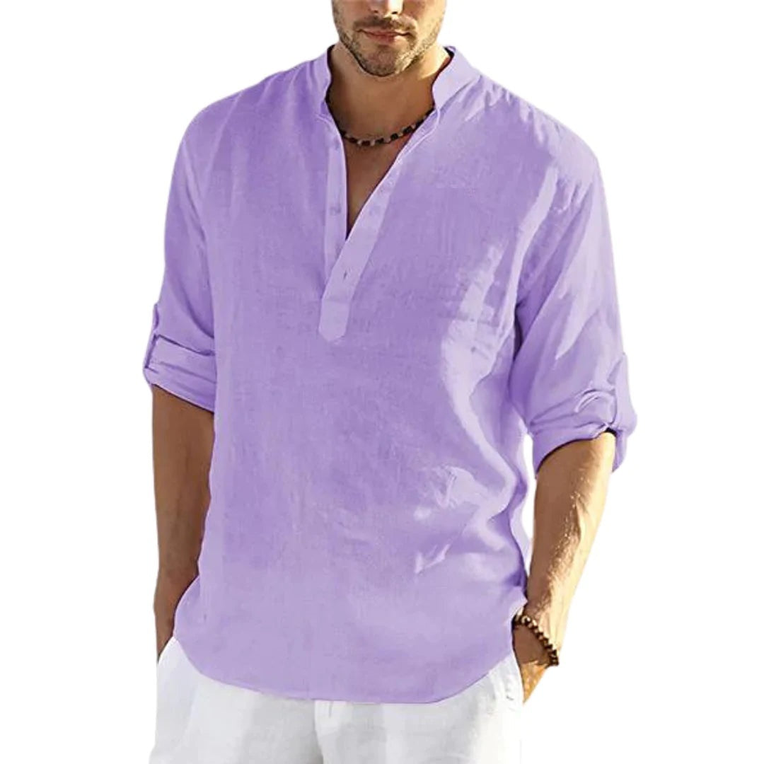 Men's Cotton Linen Long Sleeve Shirt - Stand Collar