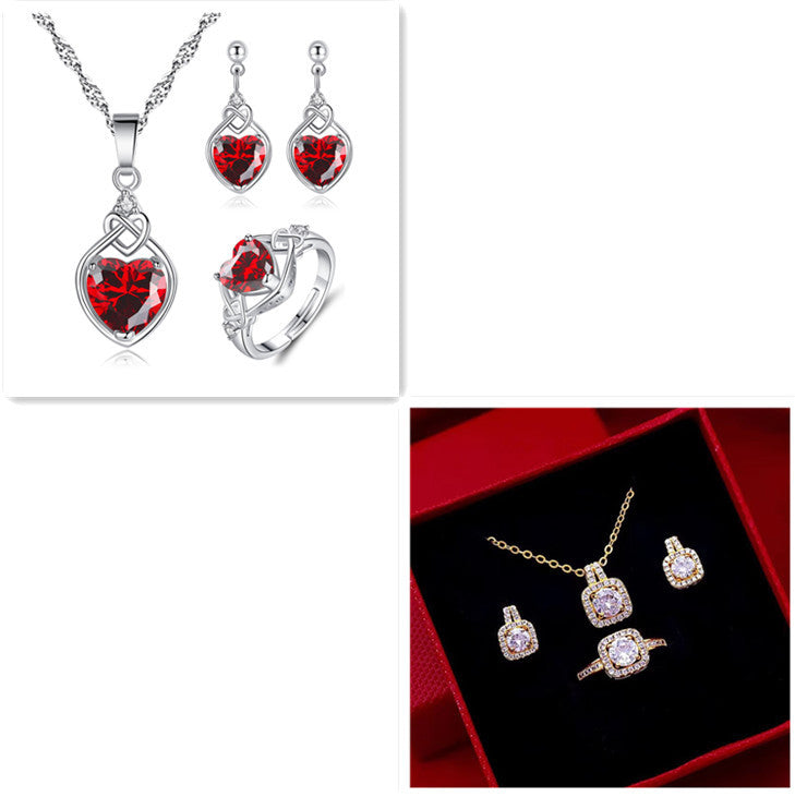Gold Zircon Jewelry Set - Necklace Earrings Ring Wedding Set