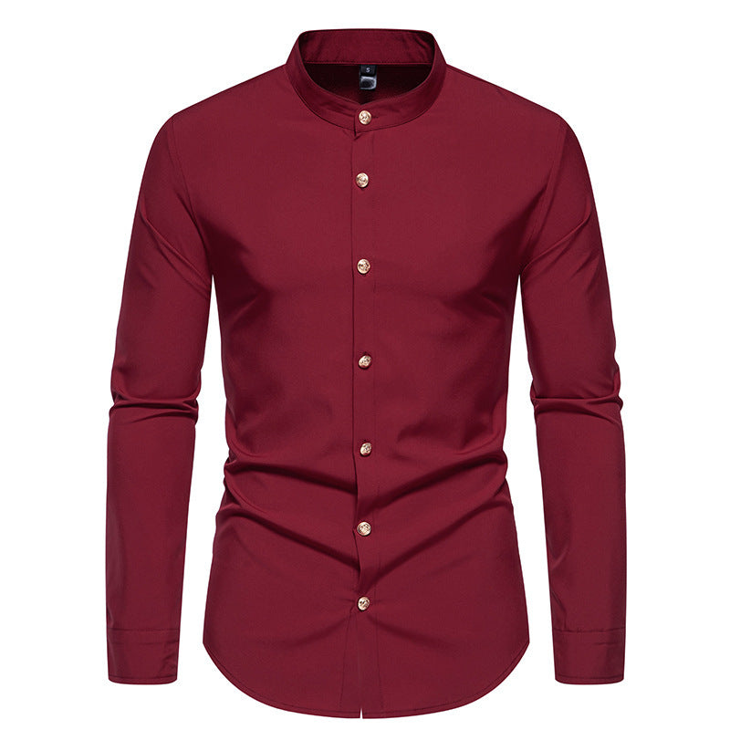 Men's Solid Color Dress Shirt - Metal Button Long Sleeve