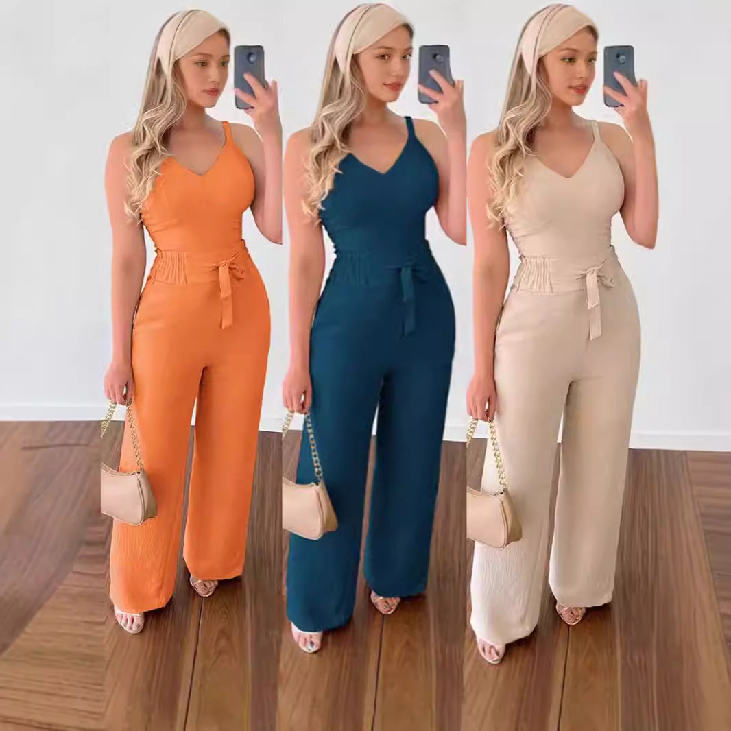 Elegant Women's Two-Piece Suit - Wide Leg Pants & Spaghetti Strap Vest