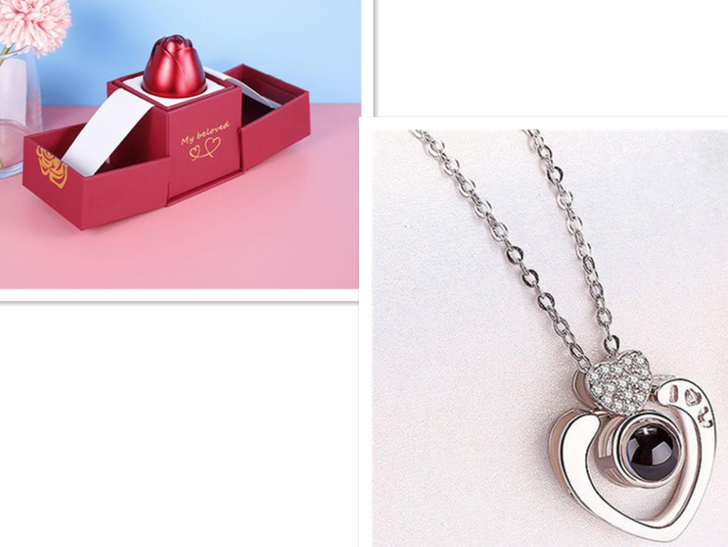 Valentine's Day Metal Rose Gift Set - Crystal Necklace with Gift Box