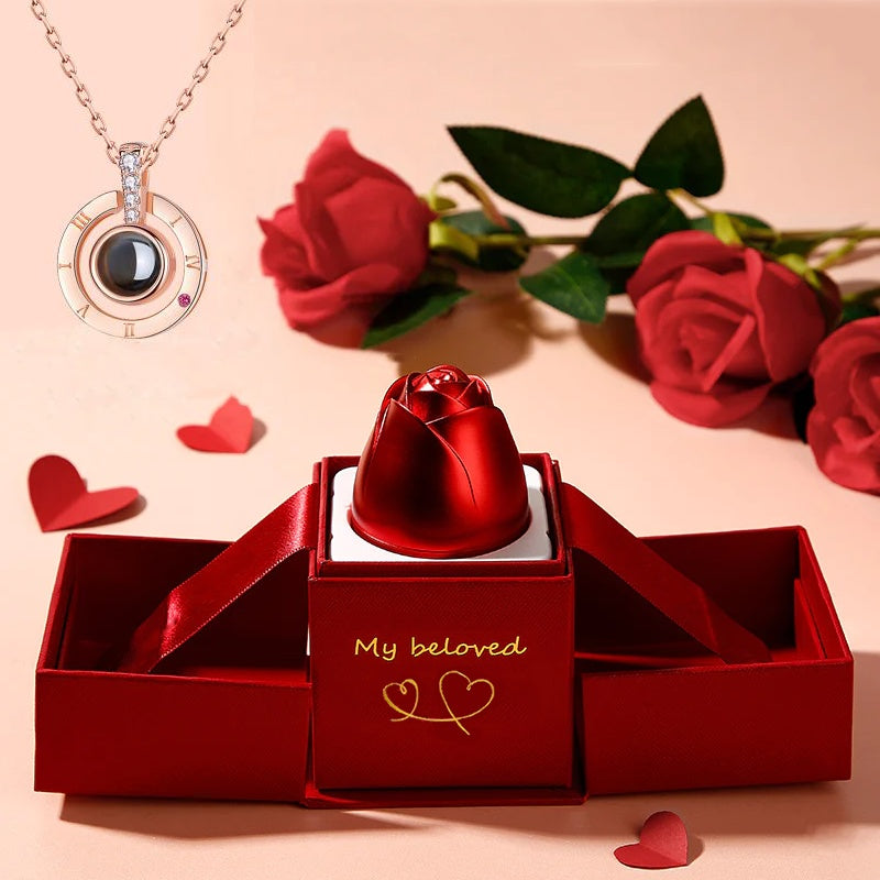Valentine's Day Metal Rose Gift Set - Crystal Necklace with Gift Box