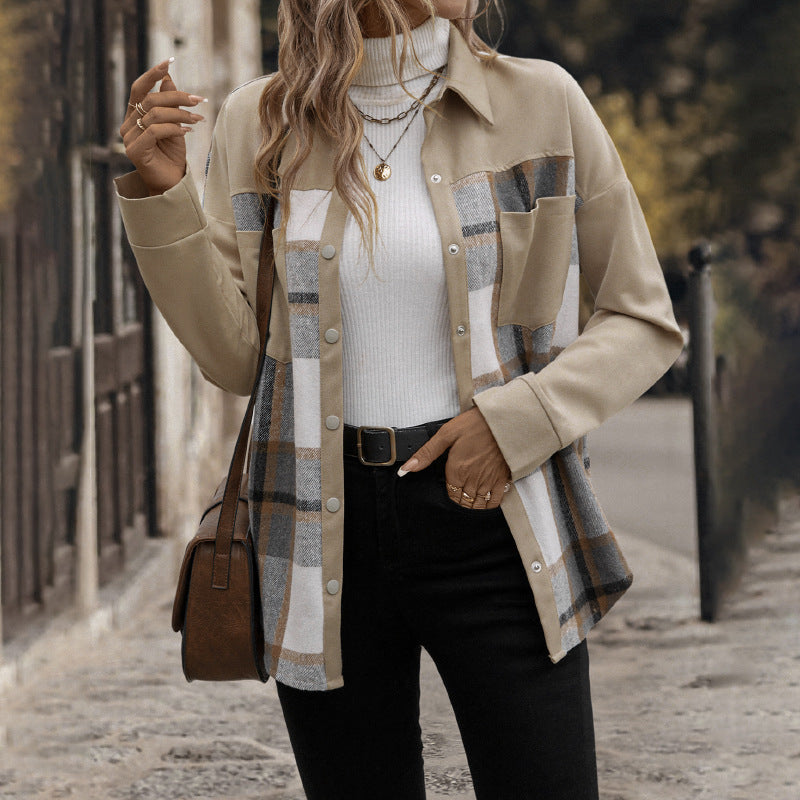 Lapel Pocket Plaid Colorblock Coat - Stylish Outerwear