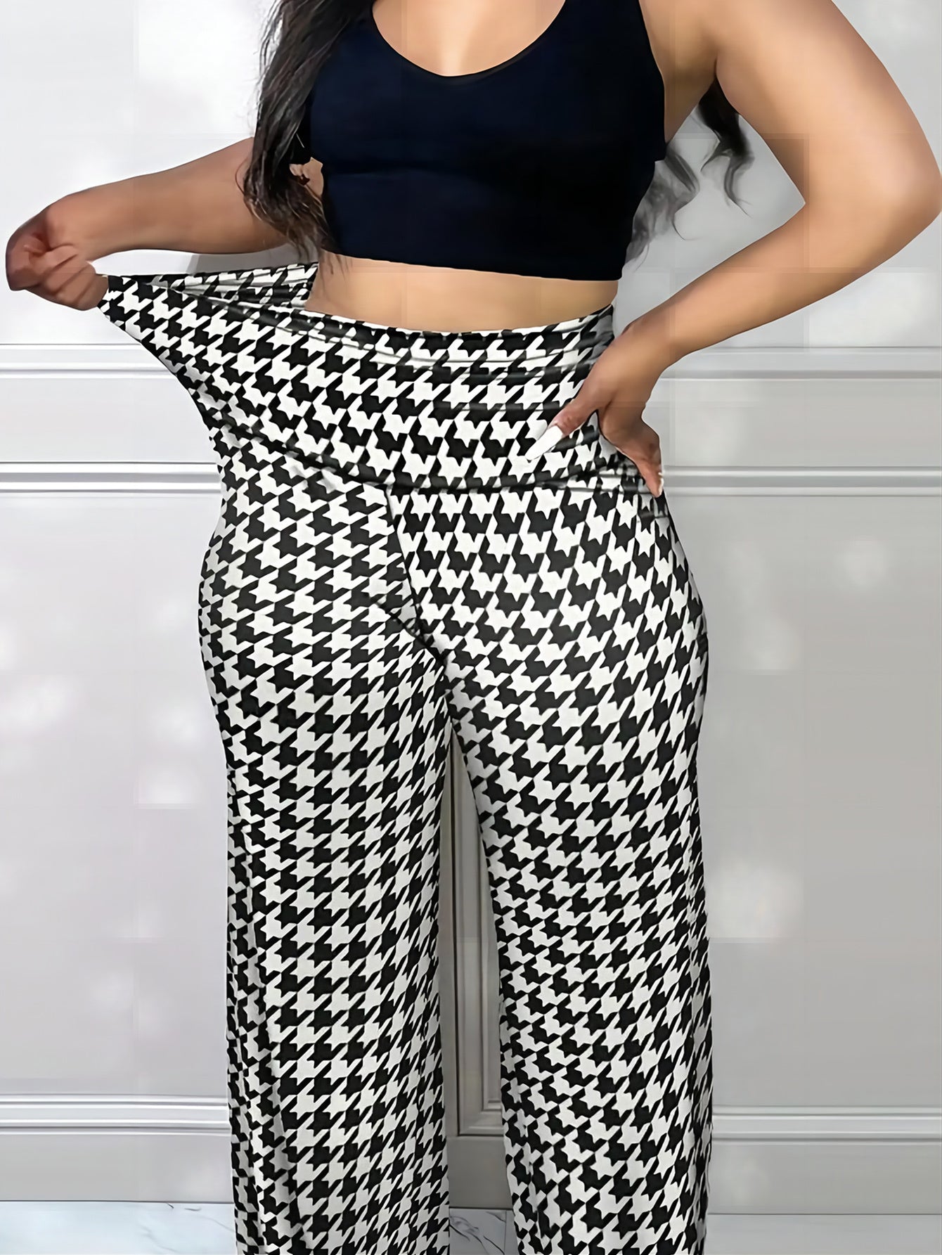 Plus Bird Check Comfortable Loose Women's Straight Leg Pants