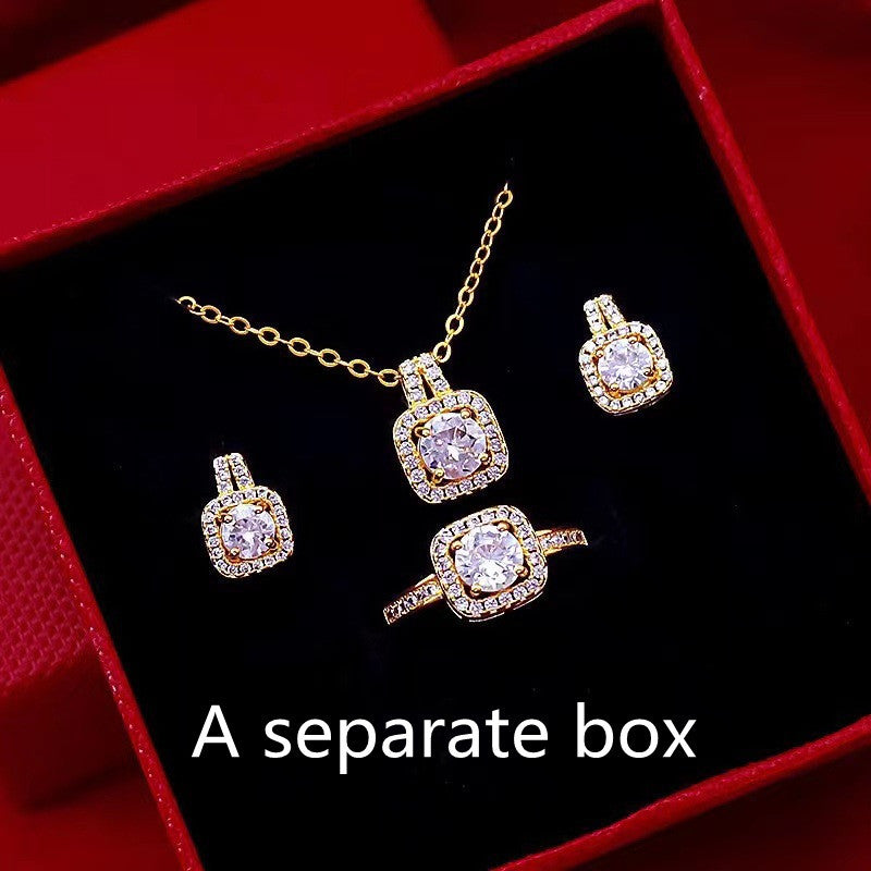 Gold Zircon Jewelry Set - Necklace Earrings Ring Wedding Set