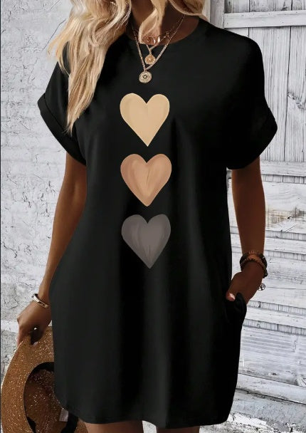 Chic Heart Motif Short Sleeve Dress - Breathable Fabric, Perfect For Spring & Summer - Casual Women's Wear