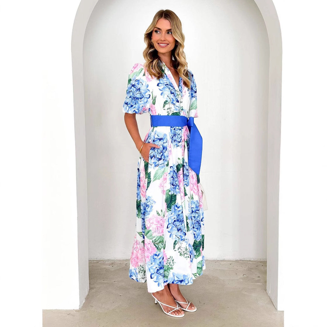 Bohemian Floral Print Short Sleeve A-Line Dress with Belt