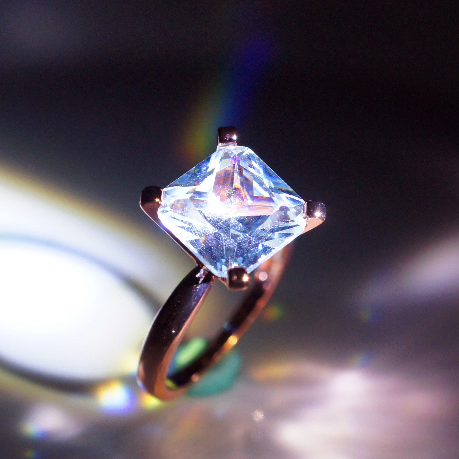 Princess Cut Diamond Ring - 18K Rose Gold Plated Square Stone Ring