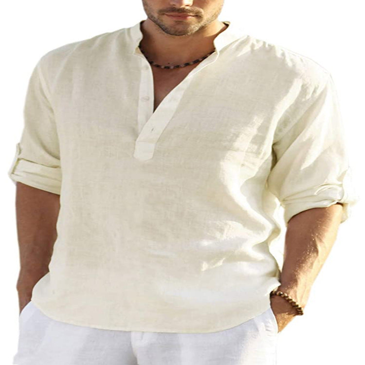 Men's Cotton Linen Long Sleeve Shirt - Stand Collar