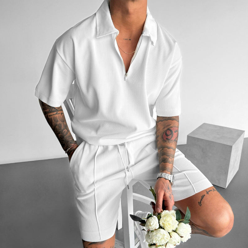 Summer Fashion Mens Clothing - Zipper Polo & Shorts Set