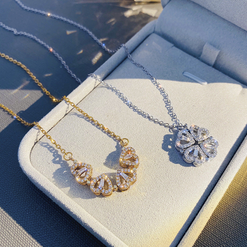 Magnetic Four Leaf Clover Necklace - Transforming Heart Pendant Jewelry