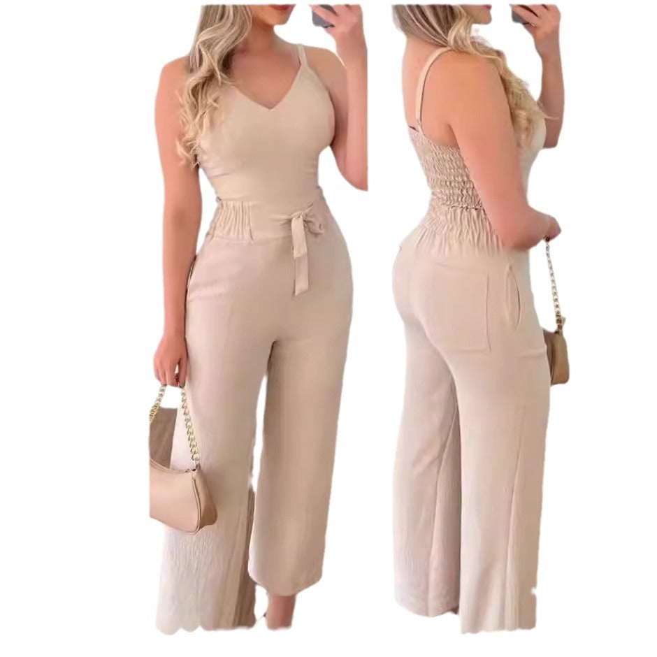 Elegant Women's Two-Piece Suit - Wide Leg Pants & Spaghetti Strap Vest
