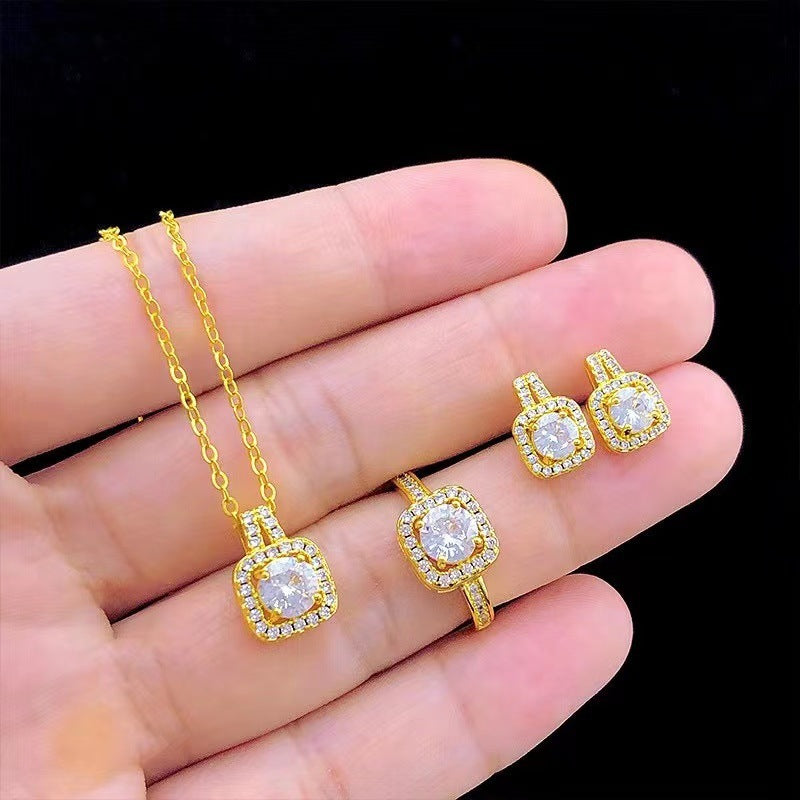 Gold Zircon Jewelry Set - Necklace Earrings Ring Wedding Set
