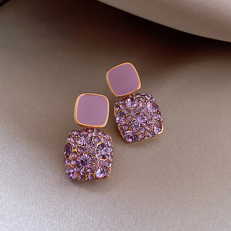Rhinestone Cube Earrings - Korean Style Geometric Fashion Jewelry