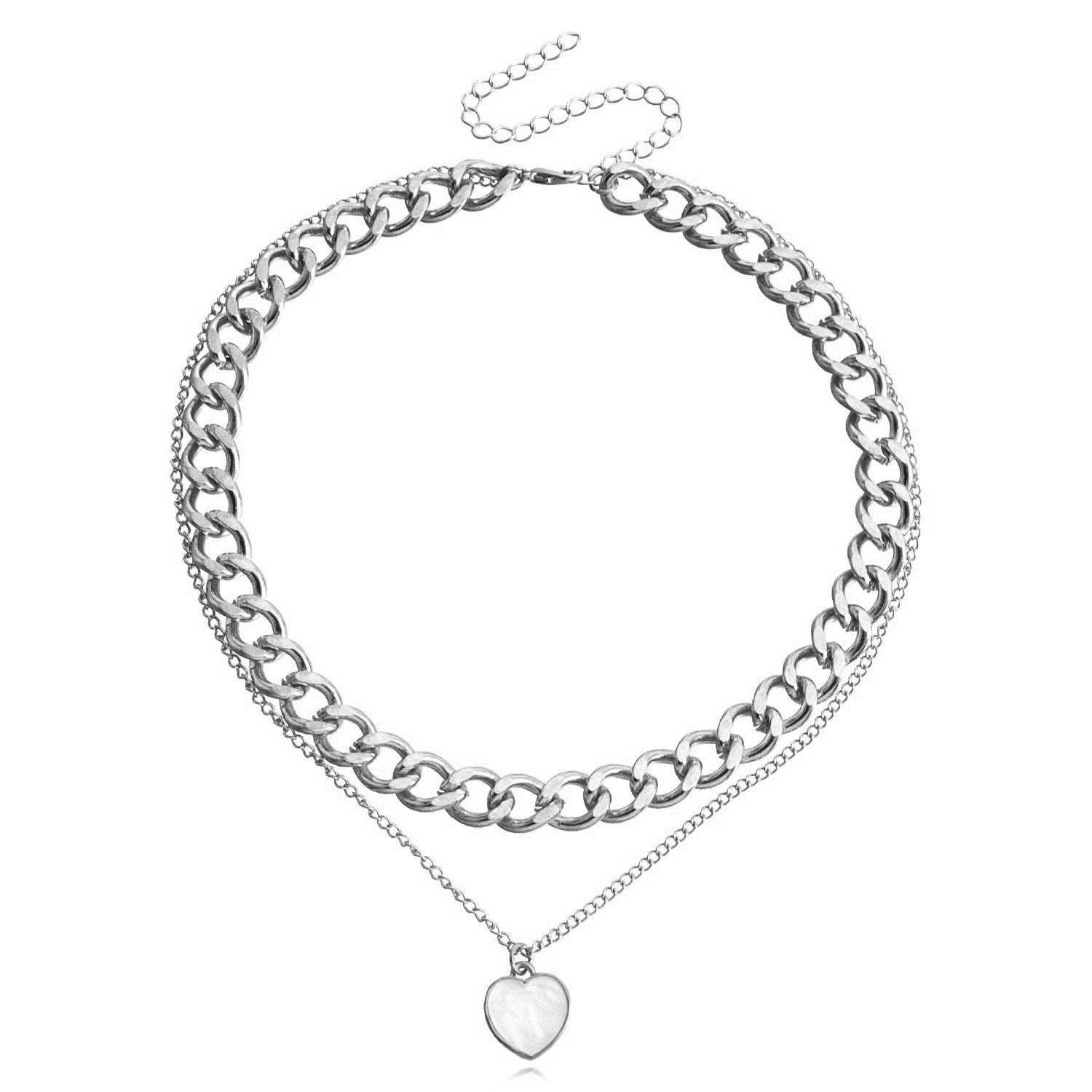 Double Layer Shell Necklace - White Metal Layered Pendant Jewelry