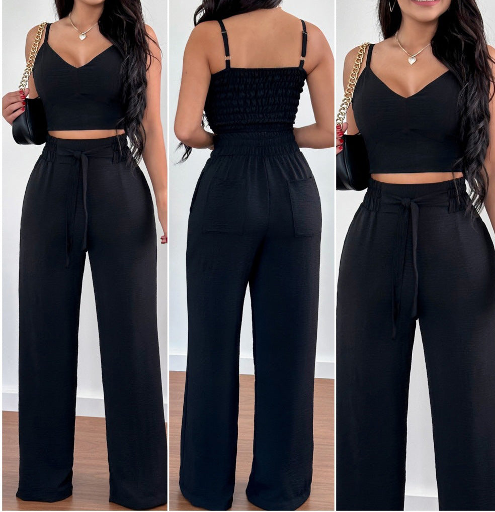 Elegant Women's Two-Piece Suit - Wide Leg Pants & Spaghetti Strap Vest
