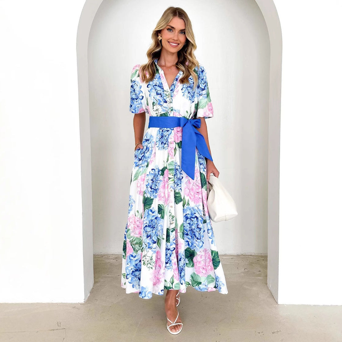 Bohemian Floral Print Short Sleeve A-Line Dress with Belt