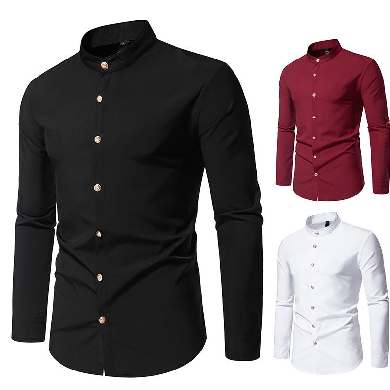 Men's Solid Color Dress Shirt - Metal Button Long Sleeve