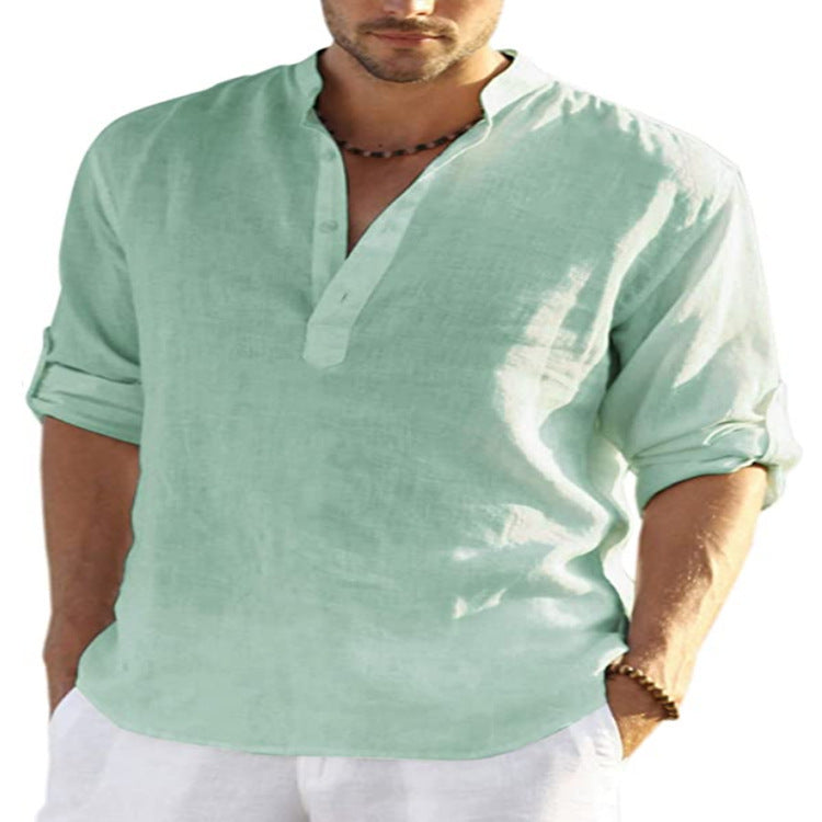 Men's Cotton Linen Long Sleeve Shirt - Stand Collar