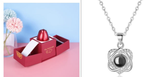 Valentine's Day Metal Rose Gift Set - Crystal Necklace with Gift Box