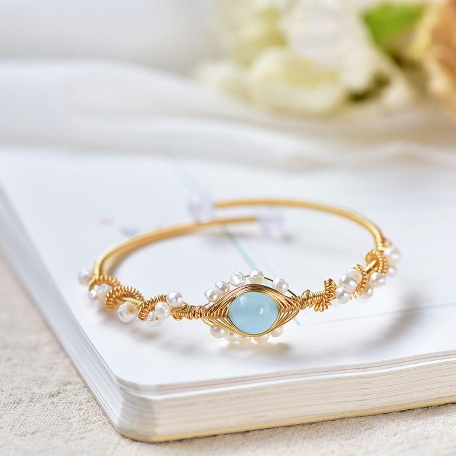 Gold Pearl Bracelet - Vintage Wire Braided Cuff for Women