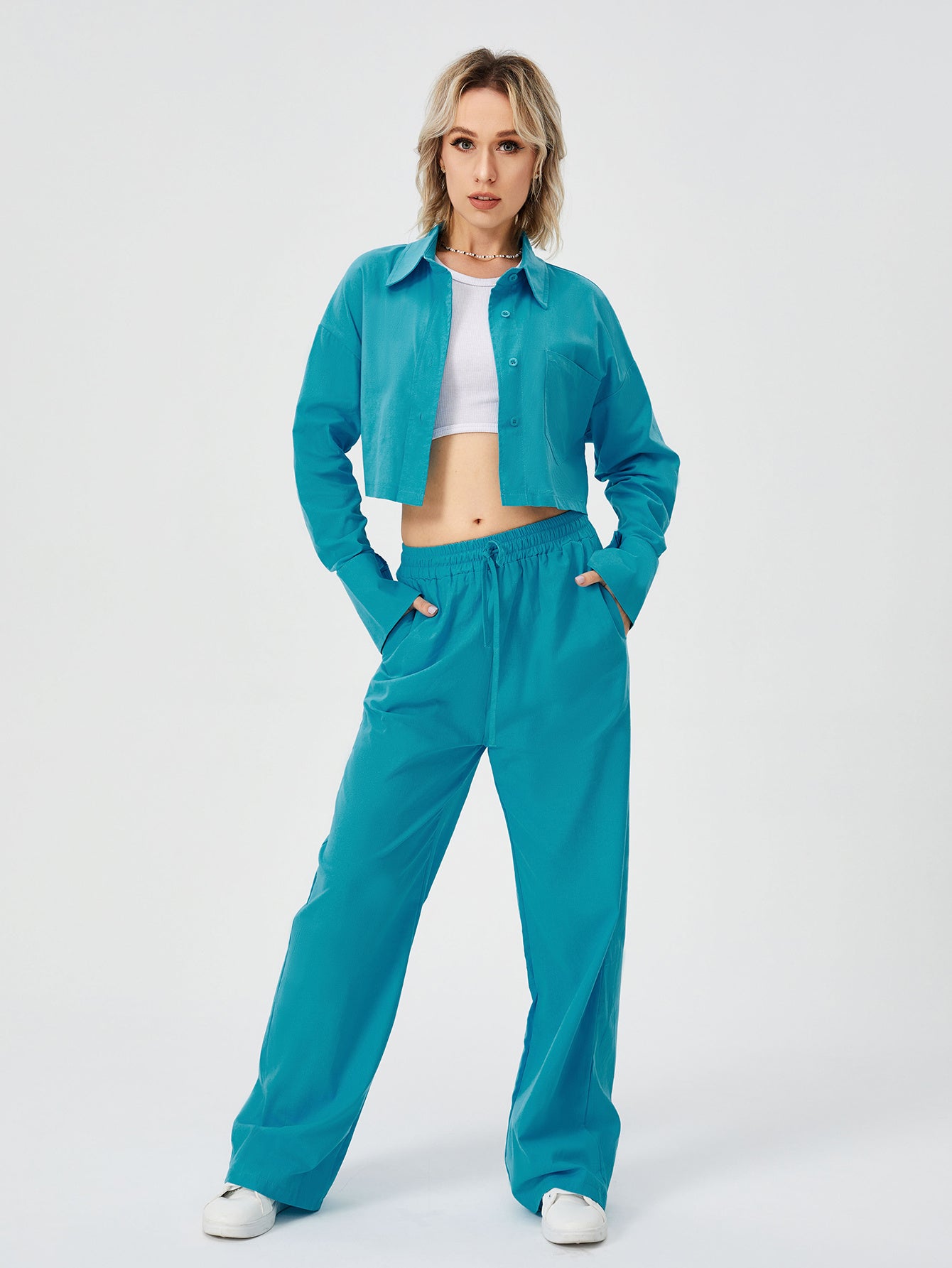 Women's Long Sleeve Button Down Wide Leg Loungewear Pajama Set