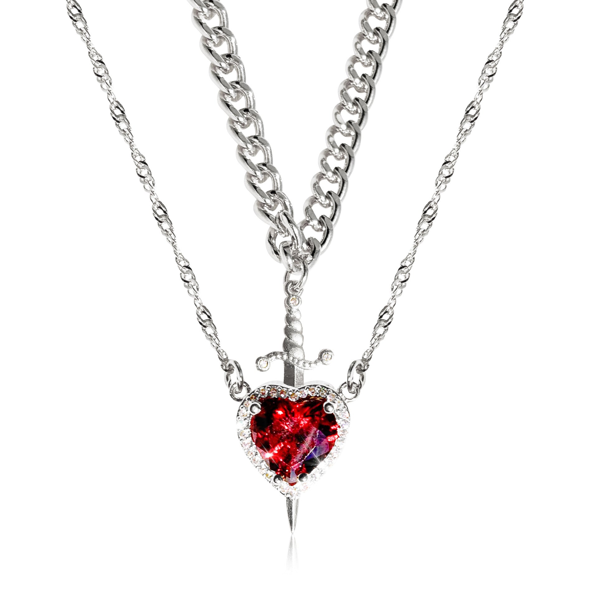 Gothic Heart Dagger Couple Necklace Set - Punk Arrow Through Heart Jewelry