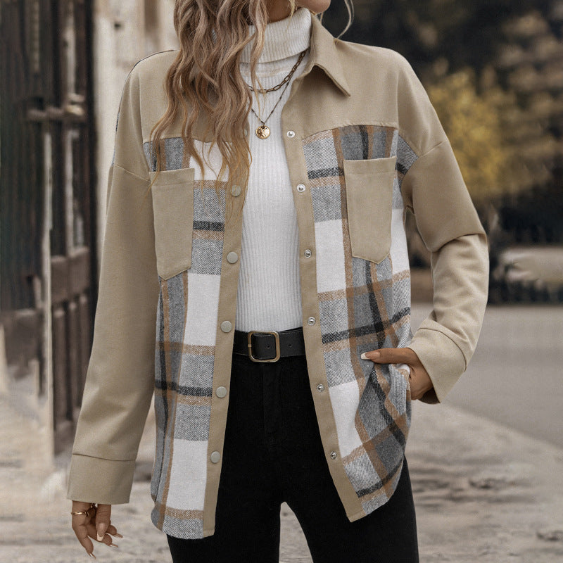 Lapel Pocket Plaid Colorblock Coat - Stylish Outerwear