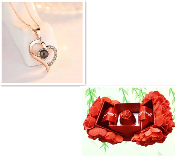 Valentine's Day Metal Rose Gift Set - Crystal Necklace with Gift Box