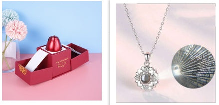 Valentine's Day Metal Rose Gift Set - Crystal Necklace with Gift Box