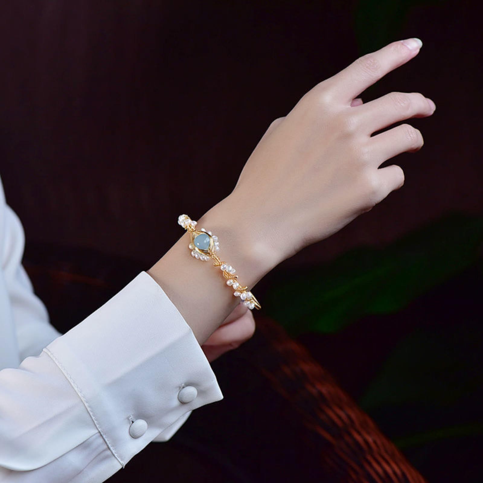 Gold Pearl Bracelet - Vintage Wire Braided Cuff for Women