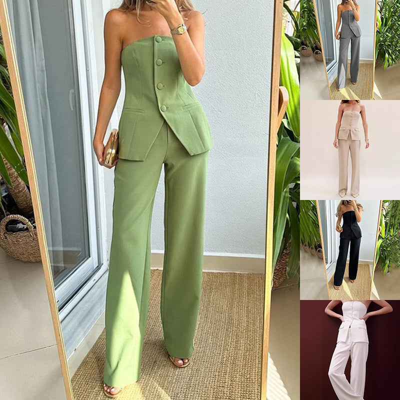 Stylish Tube Top Suit Set for Women - Fashion Button Sleeveless Top and Straight Pants