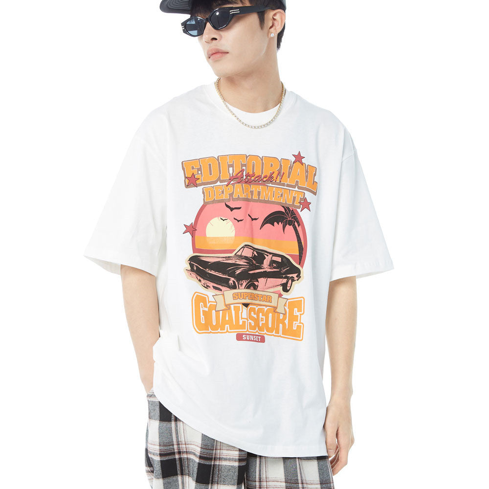 Men's Cartoon Car Sunset Print T-Shirt