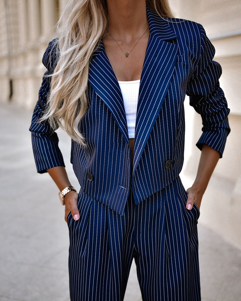 Women's Spring Fashion Striped Suits - Casual Lapel Long Sleeve Cropped Top And Straight Pants Outfits