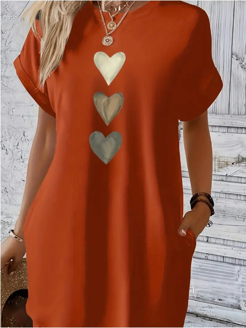 Chic Heart Motif Short Sleeve Dress - Breathable Fabric, Perfect For Spring & Summer - Casual Women's Wear