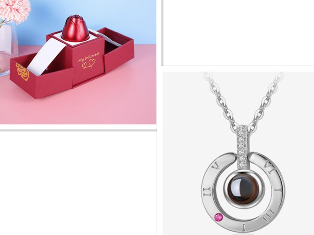 Valentine's Day Metal Rose Gift Set - Crystal Necklace with Gift Box