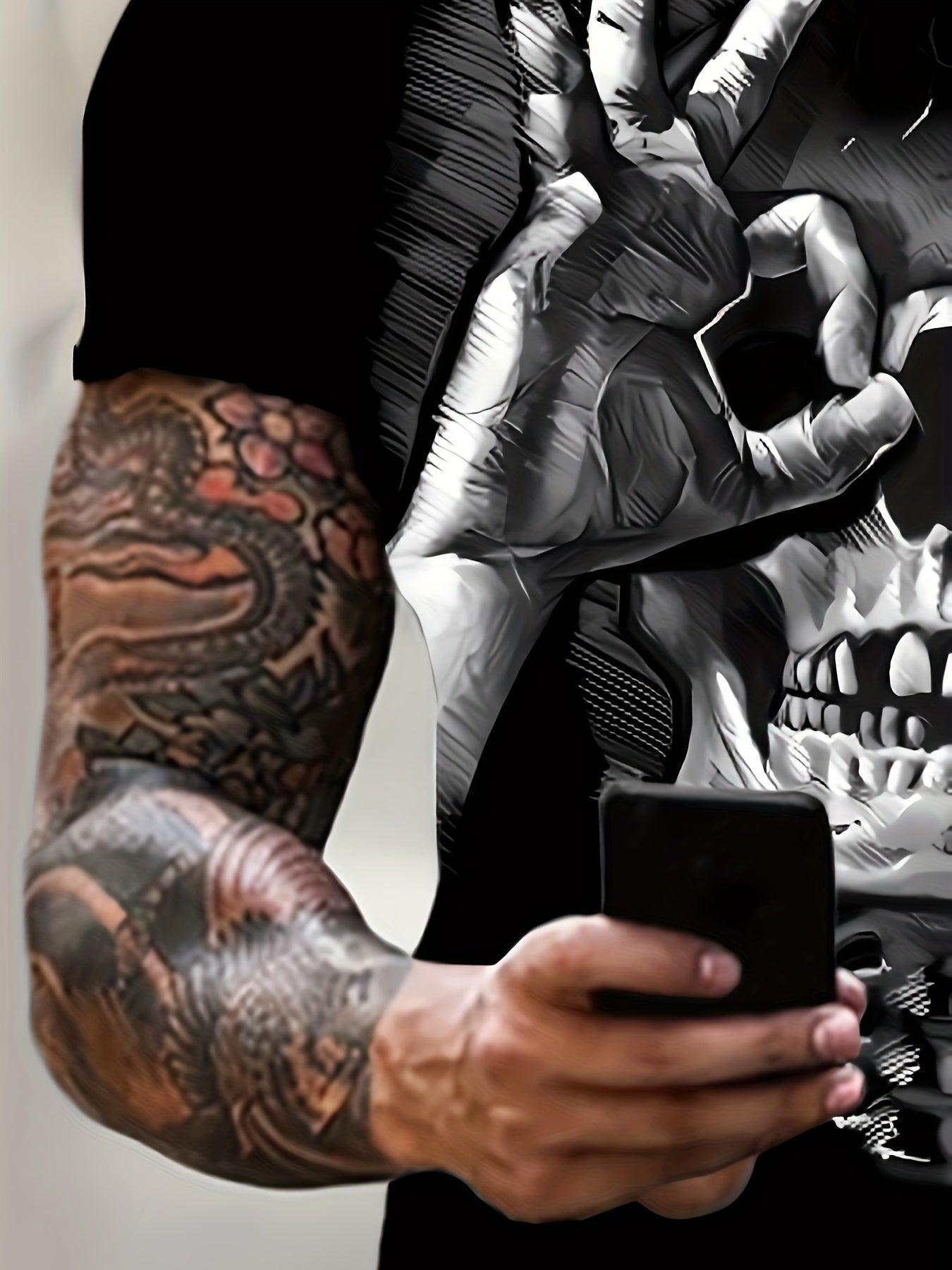Creative Skull Print T-shirt - Men's Casual Street Style Elastic Round Neck T-shirt, Suitable For Summer