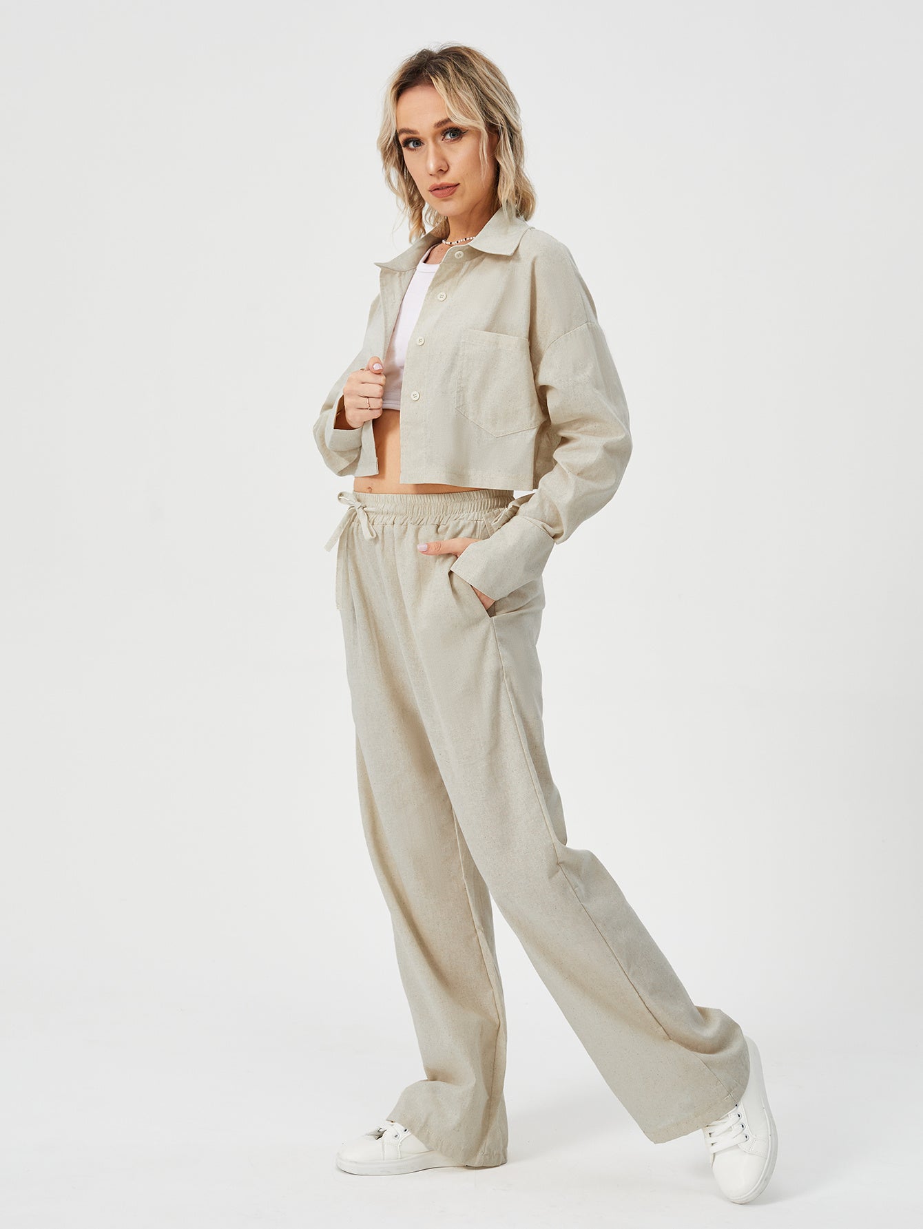 Women's Long Sleeve Button Down Wide Leg Loungewear Pajama Set